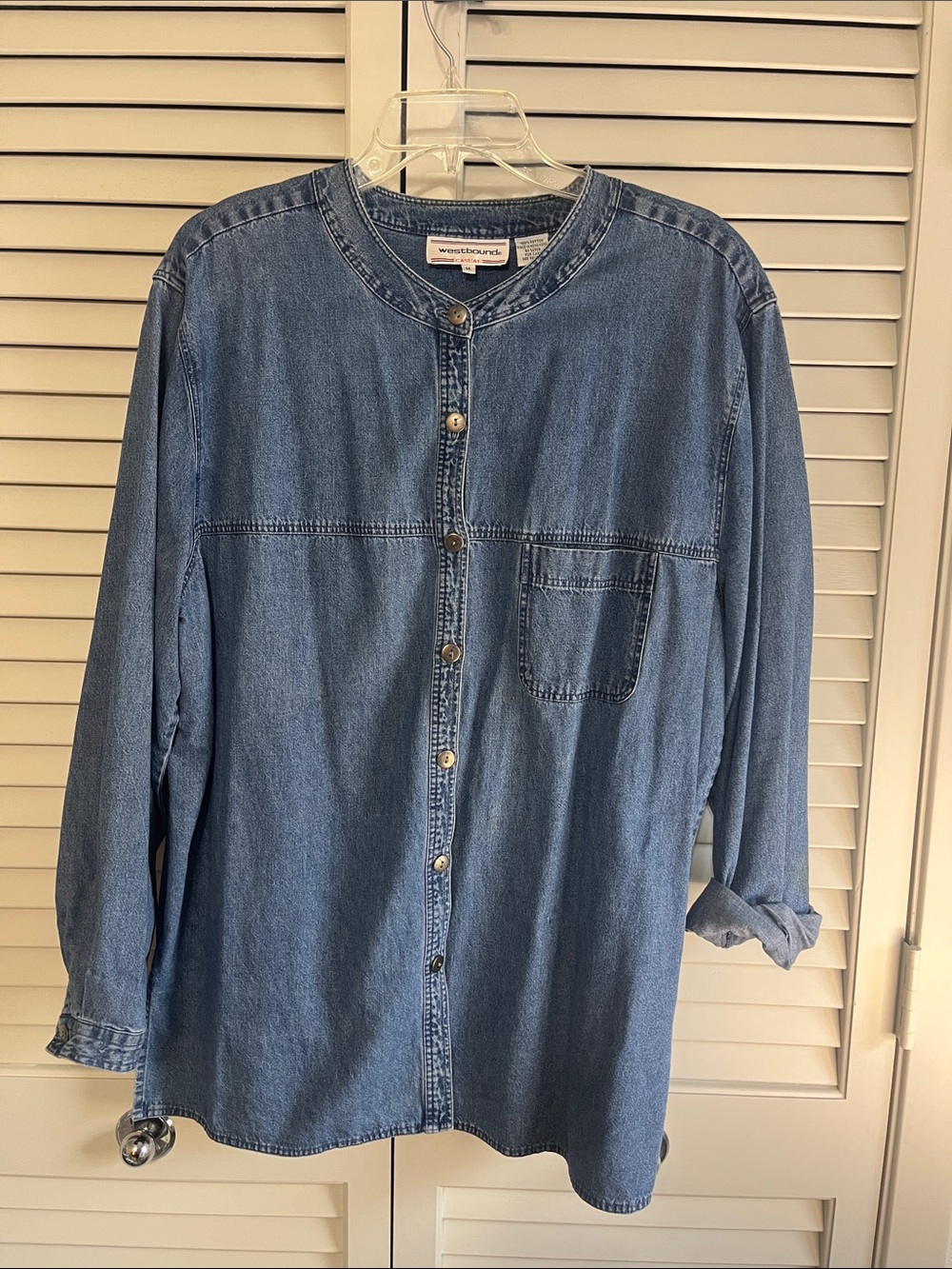 Vintage Westbound Casual Collarless Washed Denim Shirt Silver Tone Buttons